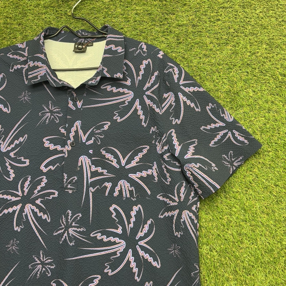 Oakley Polo Shirt Mens Large Purple Tropical Seersucker Stretch Beach Casual